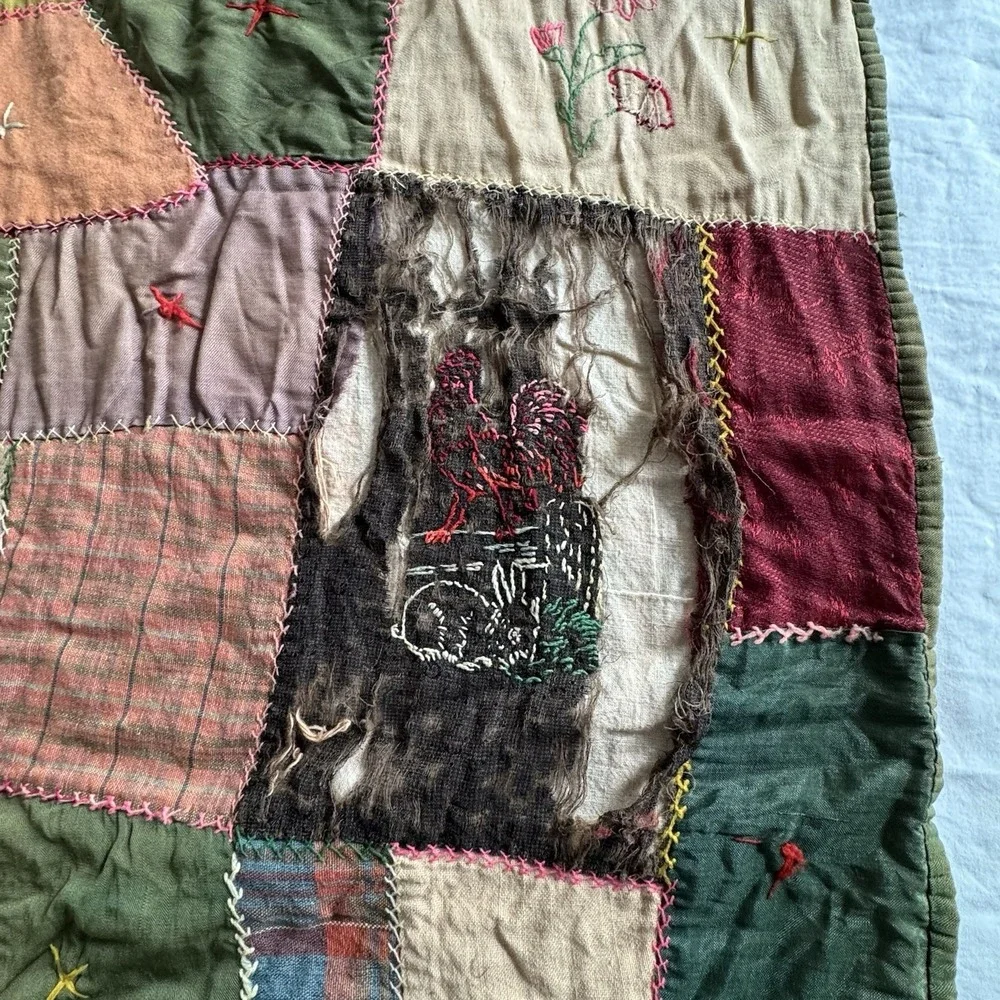 Antique‎ 1890s Tattered Crazy Quilt Hand Pieced Embroidered 60
